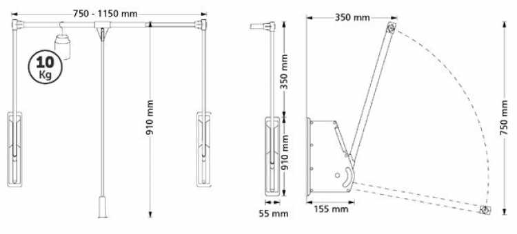 Kleiderlift Tandem 10 Wall, für lichte Korpusbreite 750 - 1170 mm