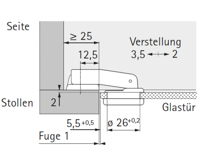 Glastürscharnier Perfekt 5204 W90, 95°, T 42, einliegend