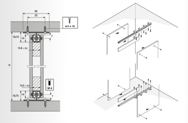 Teilauszug Quadro 40 für Schiebewände, Paar, 40 kg